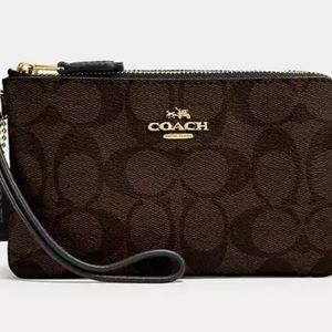 COACH Gold/Brown Black Double Corner Zip Wristlet In Signature Canvas